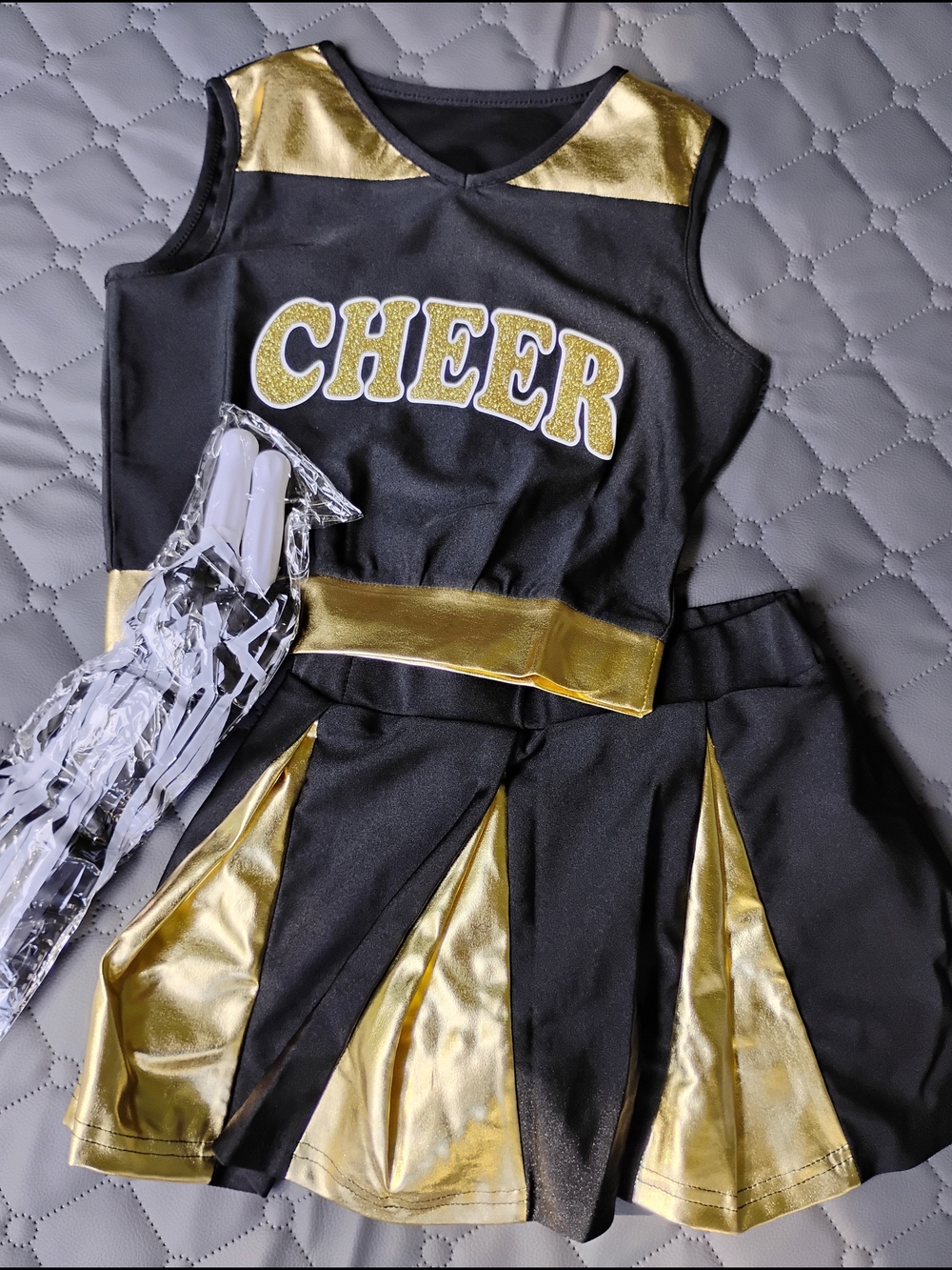 GIRLS BLACK AND GOLD CHEER COSTUME SIZE 7/8 HALLOWEEN COSTUME SCHOOL SPIRIT NEW